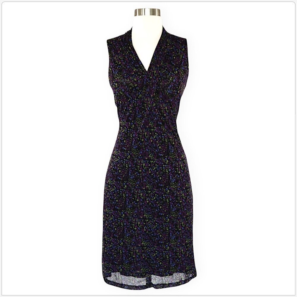 Kenneth Cole Reaction Black Purple Print Stretch Mesh Sleeveless Sheath Dress XS